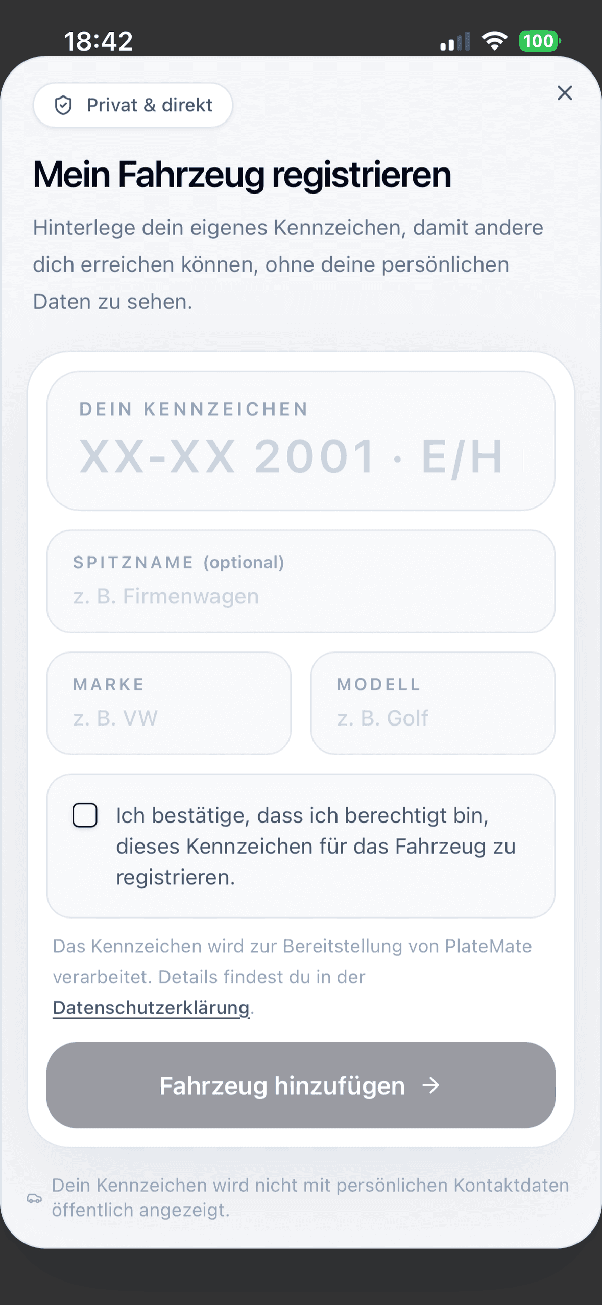 PlateMate App, Formular „Mein Fahrzeug registrieren“ mit Feldern für Kennzeichen, Spitzname, Marke und Modell sowie einer Berechtigungsbestätigung.