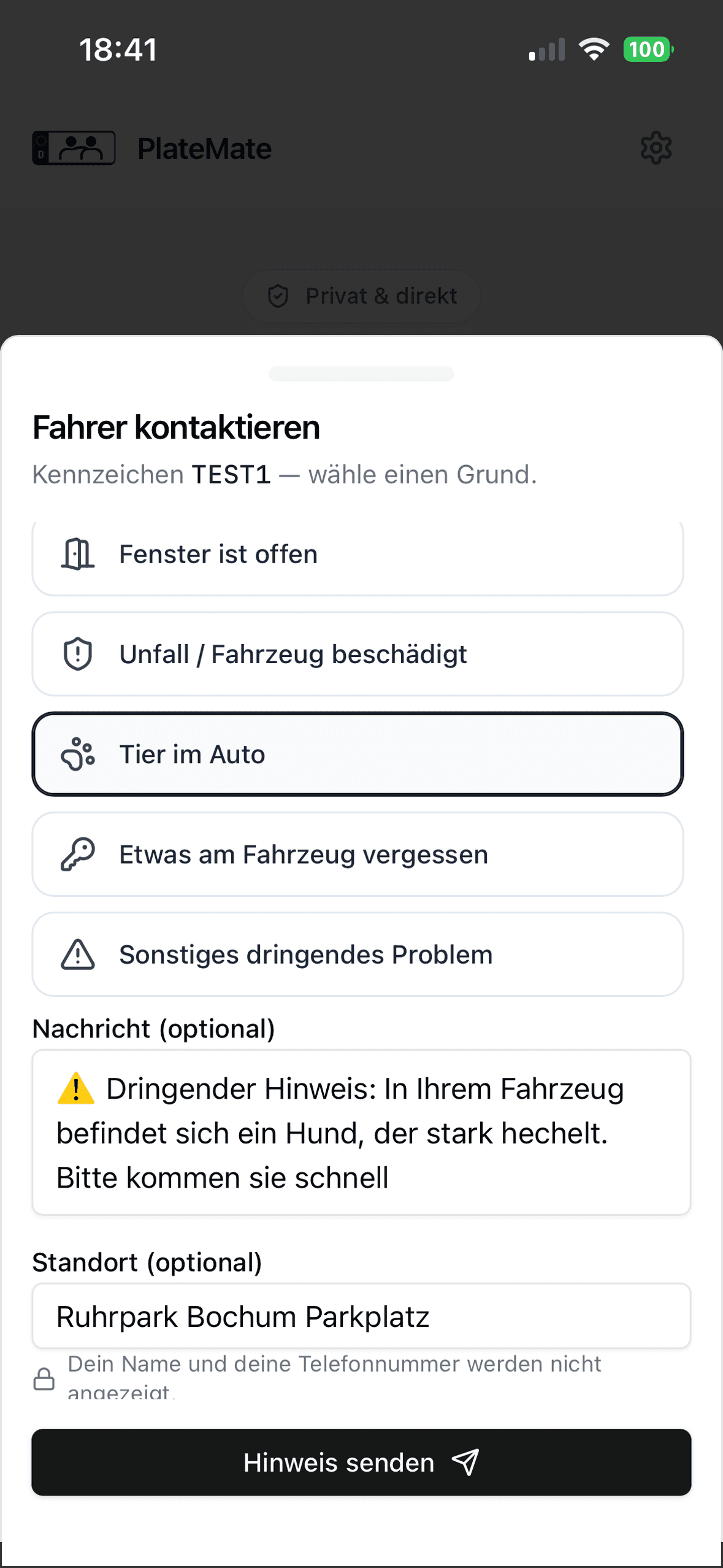 PlateMate App, Auswahl des Grundes für einen Hinweis, z. B. „Fenster ist offen“ oder „Tier im Auto“, mit optionaler Nachricht und optionalem Standort.
