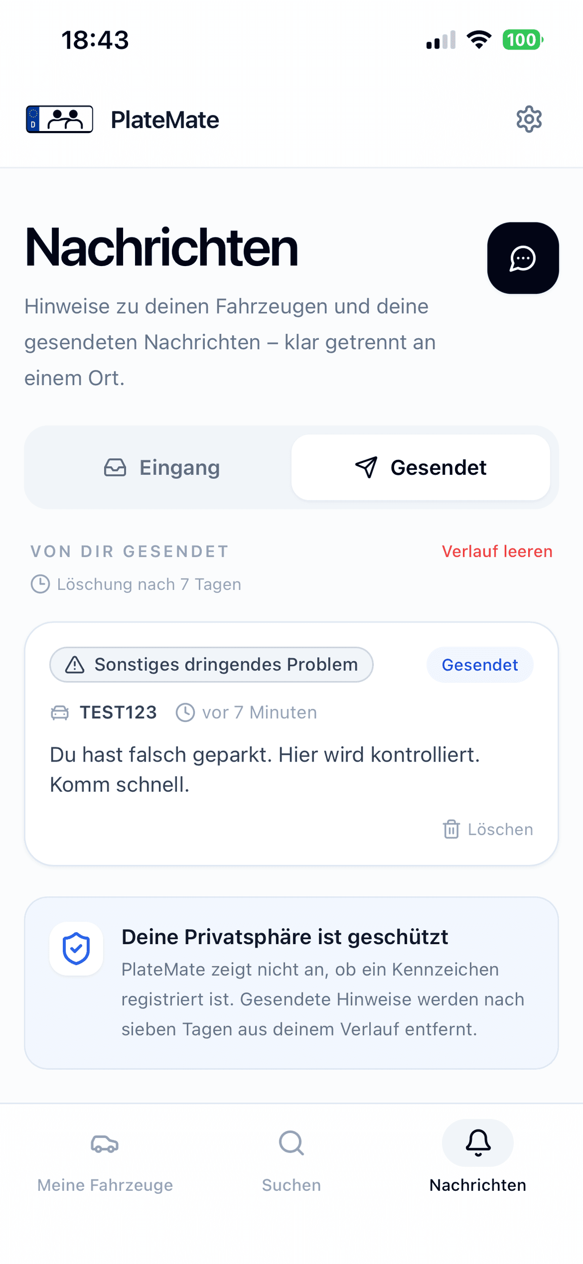 PlateMate App, Nachrichten im Bereich Gesendet mit einem gesendeten Hinweis und dem Hinweis „Deine Privatsphäre ist geschützt“.