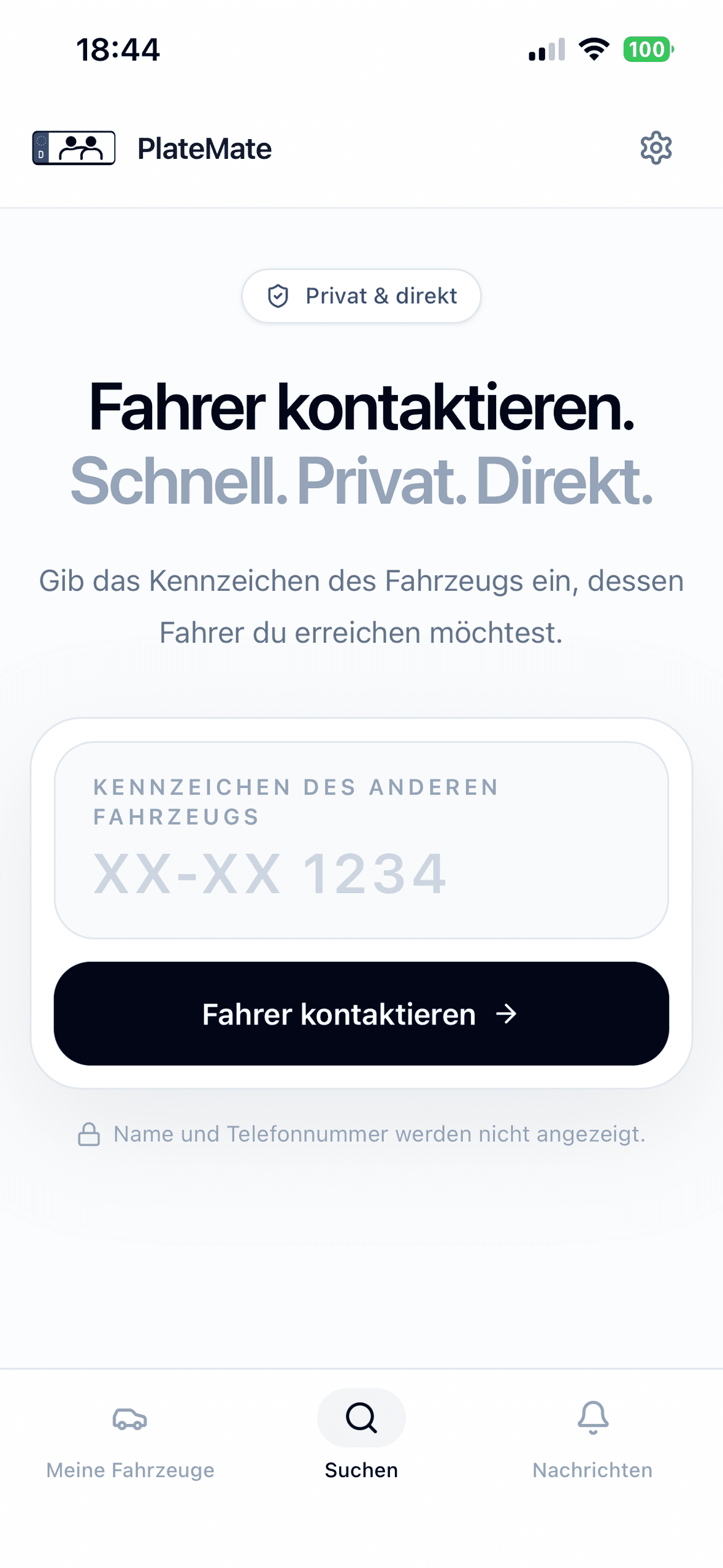 PlateMate App, Ansicht „Fahrer kontaktieren“: Eingabefeld für das Kennzeichen des anderen Fahrzeugs. Name und Telefonnummer werden nicht angezeigt.
