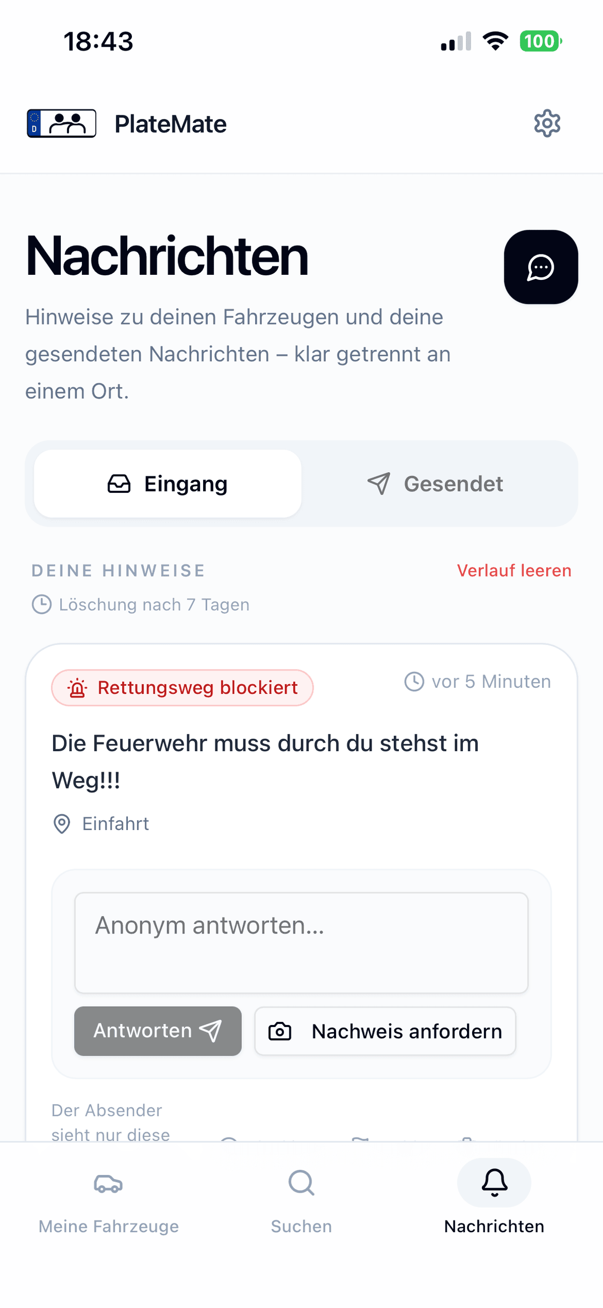 PlateMate App, Ansicht Nachrichten – Eingang mit einem empfangenen Hinweis.