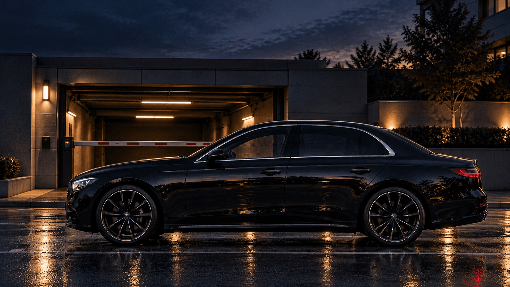 Schwarze Limousine parkt am Abend direkt vor einer Garageneinfahrt mit Schranke.